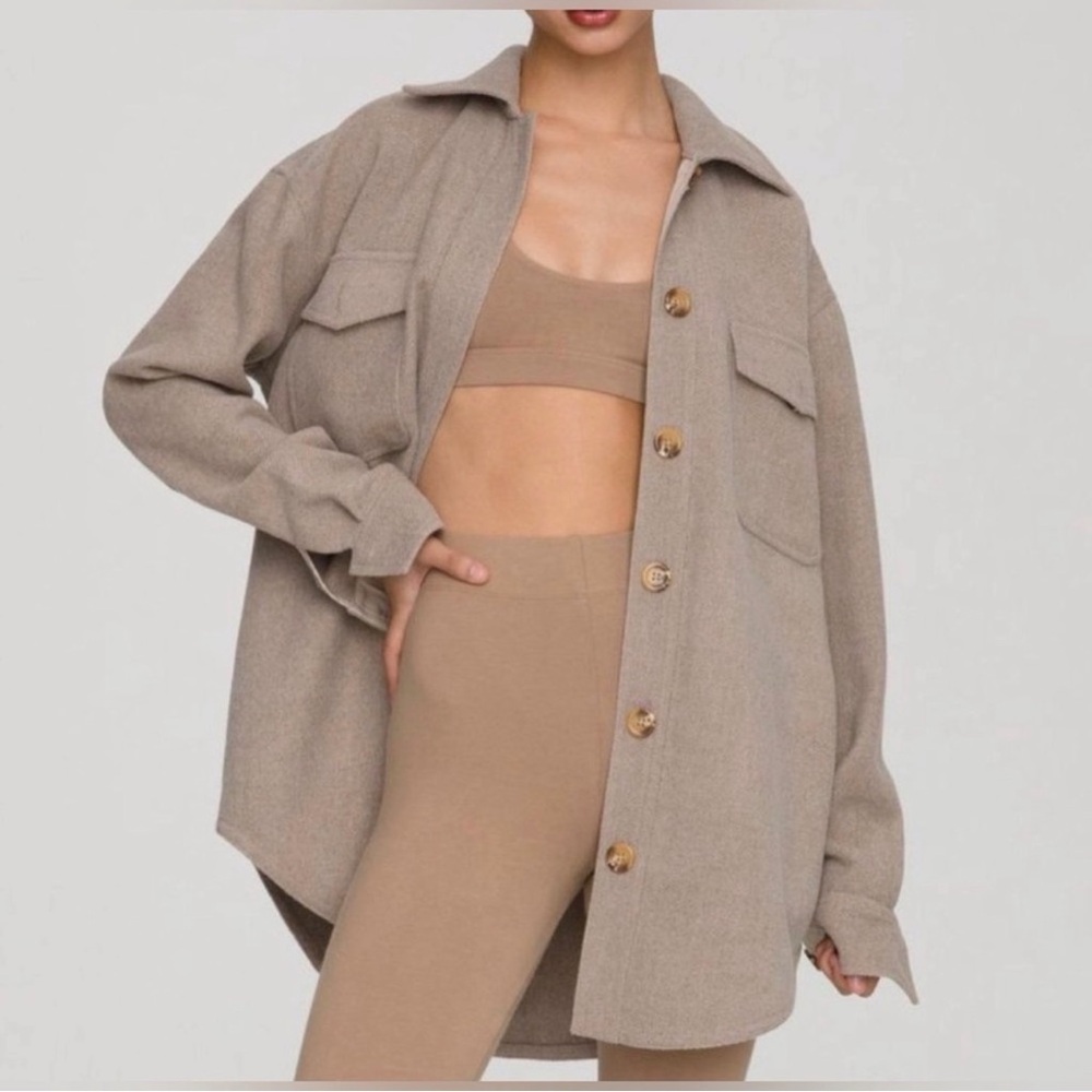 Good American Oversized Wool Shacket in Heathered Sepia